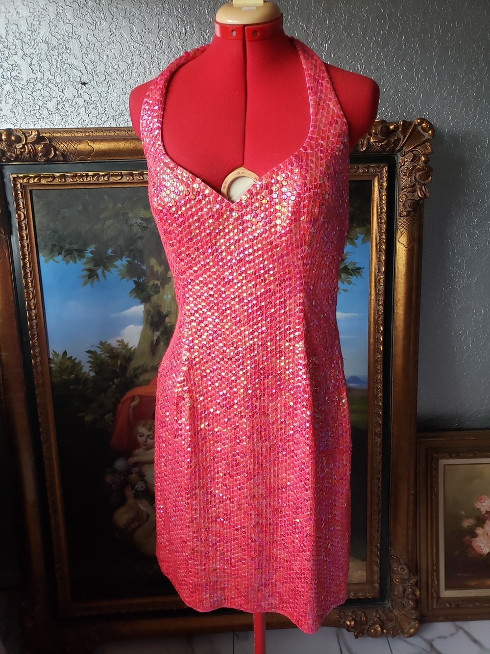 Papell Boutique Pink Full Sequin Halter Mini Dress